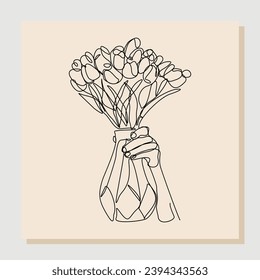 Continuous single line of hand holding beautiful romantic aesthetic flower in vase glass jar. One line art of people carrying romantic flower bouquet decoration vector illustration