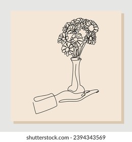Continua línea de la mano sosteniendo una hermosa flor estética romántica en un jarrón de vidrio. Una línea de arte de personas portando una romántica decoración de ramo de flores ilustración vectorial