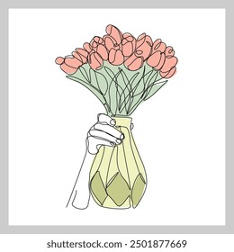 Continuous single line of hand holding beautiful romantic aesthetic flower in vase glass jar. One line art of people carrying romantic flower bouquet decoration vector illustration