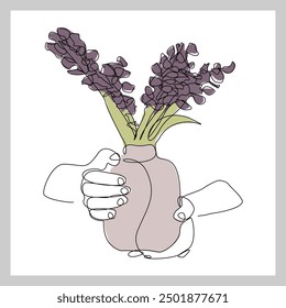 Continuous single line of hand holding beautiful romantic aesthetic flower in vase glass jar. One line art of people carrying romantic flower bouquet decoration vector illustration
