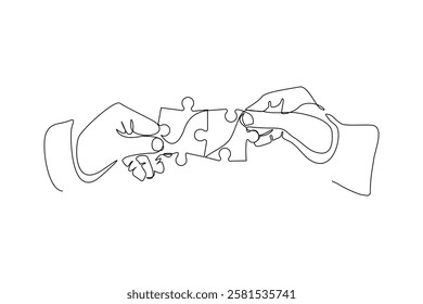 Continuous single line hand holding jigsaw puzzle business teamwork problem solving sketch drawing one line vector illustration