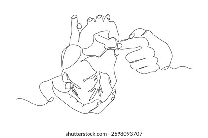 Continuous single line of hand holding human heart organ anatomy cardiology medical concept. Sketch drawing heart donor donation vector illustration editable stroke