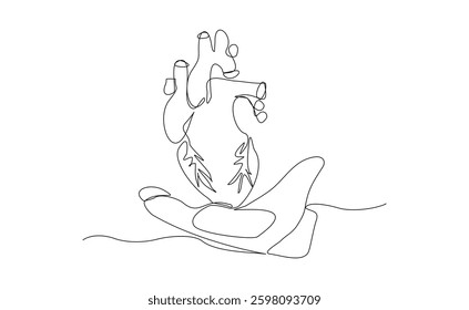 Continuous single line of hand holding human heart organ anatomy cardiology medical concept. Sketch drawing heart donor donation vector illustration editable stroke