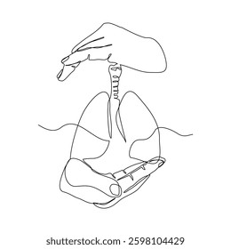 Continuous single line of hand holding to donation charity human lungs organ anatomy cardiology medical concept. Sketch drawing vector illustration editable stroke