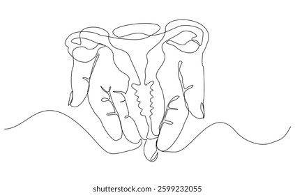 Continuous single line of hand holding uterus ovary cervix anatomy female reproductive organ sketch drawing editable stroke vector illustration