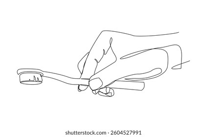 Continuous single line of hand holding toothbrush and tooth paste dental care tool equipment mouth cleaning sketch drawing editable stroke vector illustration