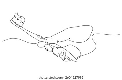 Continuous single line of hand holding toothbrush and tooth paste dental care tool equipment mouth cleaning sketch drawing editable stroke vector illustration
