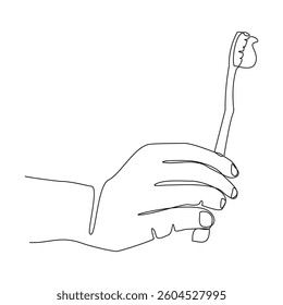 Continuous single line of hand holding toothbrush and tooth paste dental care tool equipment mouth cleaning sketch drawing editable stroke vector illustration