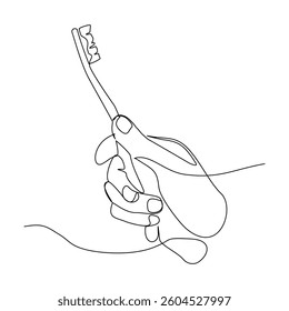 Continuous single line of hand holding toothbrush and tooth paste dental care tool equipment mouth cleaning sketch drawing editable stroke vector illustration