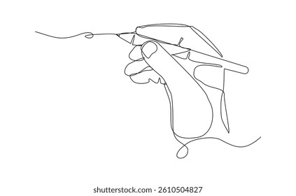 Continuous single line hand holding pen pencil write something sign document and diary. Business and school concept sketch drawing editable stroke vector illustration