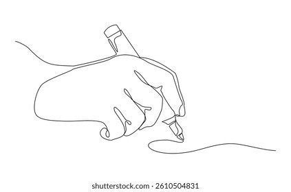 Continuous single line hand holding pen pencil write something sign document and diary. Business and school concept sketch drawing editable stroke vector illustration