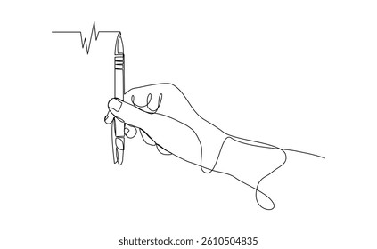 Continuous single line hand holding pen pencil write something sign document and diary. Business and school concept sketch drawing editable stroke vector illustration