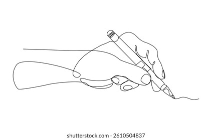 Continuous single line hand holding pen pencil write something sign document and diary. Business and school concept sketch drawing editable stroke vector illustration