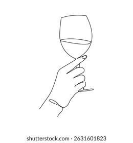 Continuous single line hand holding wine cocktail glass for party event sketch drawing editable stroke vector illustration