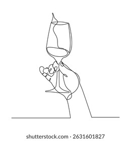 Continuous single line hand holding wine cocktail glass for party event sketch drawing editable stroke vector illustration