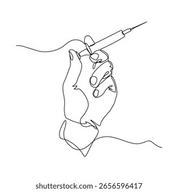 Linha única contínua de equipamento médico com seringa para a vacinação. Desenho de esboço para o setor de saúde ilustração editável do vetor de traçado