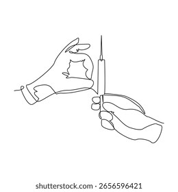 Linha única contínua de equipamento médico com seringa para a vacinação. Desenho de esboço para o setor de saúde ilustração editável do vetor de traçado