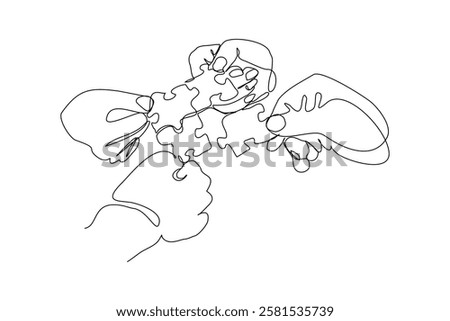Continuous single line hand holding jigsaw puzzle business teamwork problem solving sketch drawing one line vector illustration