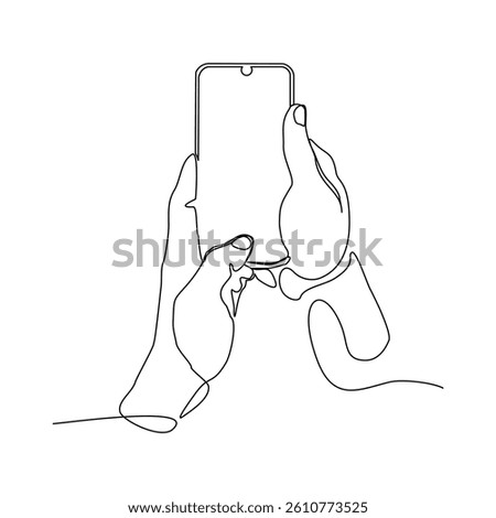 Continuous single line of hand holding and touch the screen of mobile smart phone. Gadget cell phone business concept sketch drawing editable stroke vector illustration