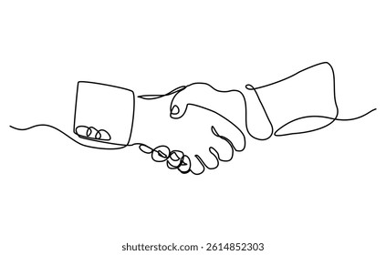 Continuous single line of handshake business agreement gesture. Big deal professional partnership editable stroke vector illustration