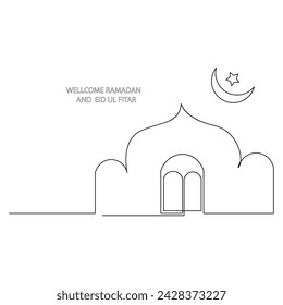 Continuous single line happy Eid al Fitr art vector design and illustration