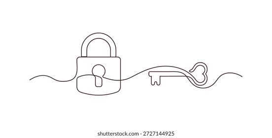 Continuous Single Line Heart Key and Padlock Illustration Symbolizing Love, Trust, Security, and Relationship Concept