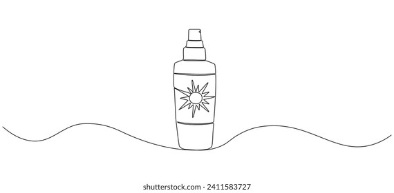Ilustración continua de una sola línea de crema cosmética o gel de protección solar con spray.  Ilustración vectorial que muestra el protector solar en un estilo de una línea.