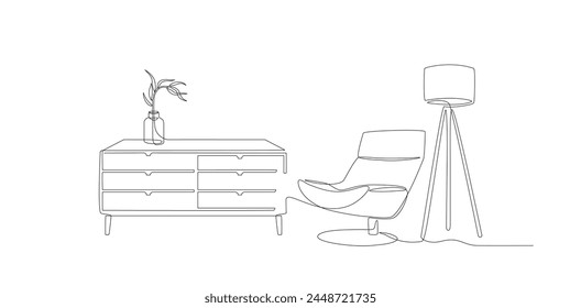 Continuous single line interior with armchair, floor lamp, plant and chest of drawers. One line drawing of Living room with furniture editable stroke. Handdraw contour of indoor furniture. Vector