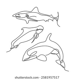 Continuous single line logo of shark, orca, whale