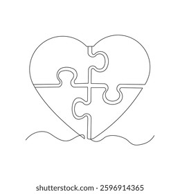 Continuous single line of Love heart jigsaw puzzle for valentine day relationship or health care abstract sketch drawing vector illustration