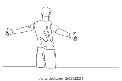 Continuous single line of man feeling free freedom stretching arms. Business success or yoga exercise concept sketch drawing editable stroke vector illustration