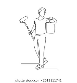 Continuous single line of man male painter holding painting roller and paint bucket can. Sketch drawing editable stroke vector illustration