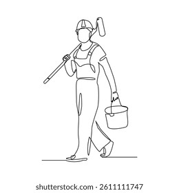Continuous single line of man male painter holding painting roller and paint bucket can. Sketch drawing editable stroke vector illustration