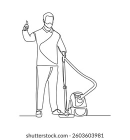 Continuous single line of man using vacuum cleaner for cleaning room and floor from dust. Housekeeping home tool appliance sketch drawing editable stroke vector illustration