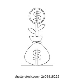 Continuous single line of money bag coin dollar green leaf plant seeds economy business growth investment sketch drawing editable stroke vector illustration