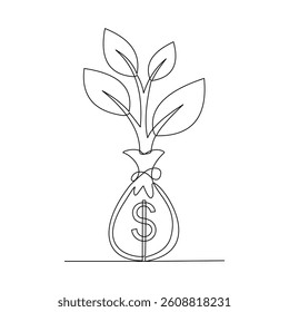 Continuous single line of money bag coin dollar green leaf plant seeds economy business growth investment sketch drawing editable stroke vector illustration