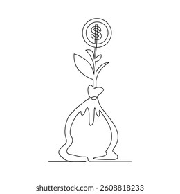 Continuous single line of money bag coin dollar green leaf plant seeds economy business growth investment sketch drawing editable stroke vector illustration