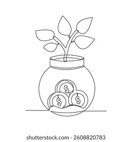 Continuous single line of money coin dollar green leaf plant seeds with pot vase. Economy business growth investment sketch drawing editable stroke vector illustration
