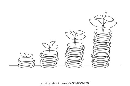 Continuous single line of money coin dollar increase stacks green leaf plant seeds economy business growth investment sketch drawing editable stroke vector illustration