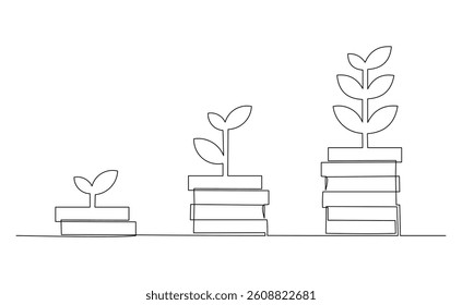Continuous single line of money coin dollar increase stacks green leaf plant seeds economy business growth investment sketch drawing editable stroke vector illustration