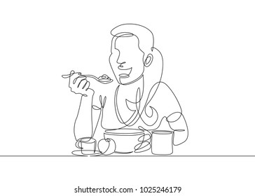 Continuous single line one morning, breakfast, meal character at the table. Coffee, fried eggs, tea, toast, juice. The girl is having breakfast at the table