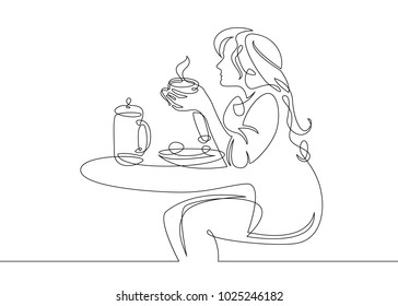 Continuous single line one morning, breakfast, meal character at the table. Coffee, fried eggs, tea, toast, juice. The girl is having breakfast at the table