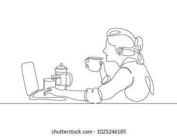 Continuous single line one morning, breakfast, meal character at the table. Coffee, fried eggs, tea, toast, juice.A girl drinks coffee and looks at a laptop reading.