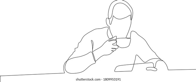 Continuous single line one morning, breakfast, meal character at the table. Coffee, fried eggs, tea, toast, juice.The guy is a man who has breakfast and drinks coffee.