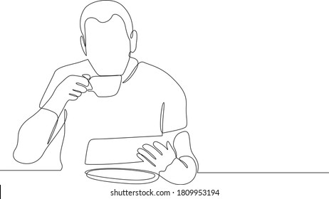 Continuous single line one morning, breakfast, meal character at the table. Coffee, fried eggs, tea, toast, juice.The guy is a man who has breakfast and drinks coffee.