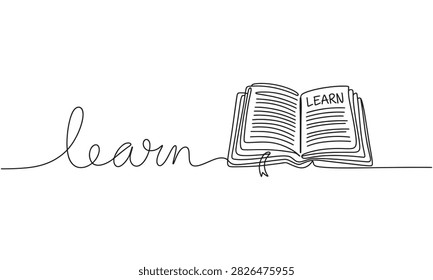 A continuous single line of an open book with the word learn written in cursive script. This minimalist is isolated on a white background, representing education and study.