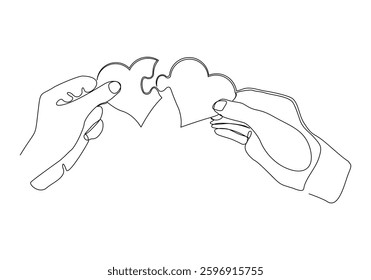 Continuous single line of palm hand holding love heart jigsaw puzzle for valentine day relationship or health care abstract sketch drawing vector illustration