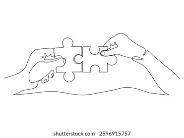 Continuous single line of palm hand holding love heart jigsaw puzzle for valentine day relationship or health care abstract sketch drawing vector illustration