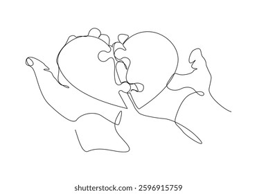 Continuous single line of palm hand holding love heart jigsaw puzzle for valentine day relationship or health care abstract sketch drawing vector illustration