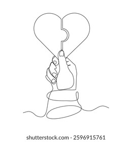 Continuous single line of palm hand holding love heart jigsaw puzzle for valentine day relationship or health care abstract sketch drawing vector illustration